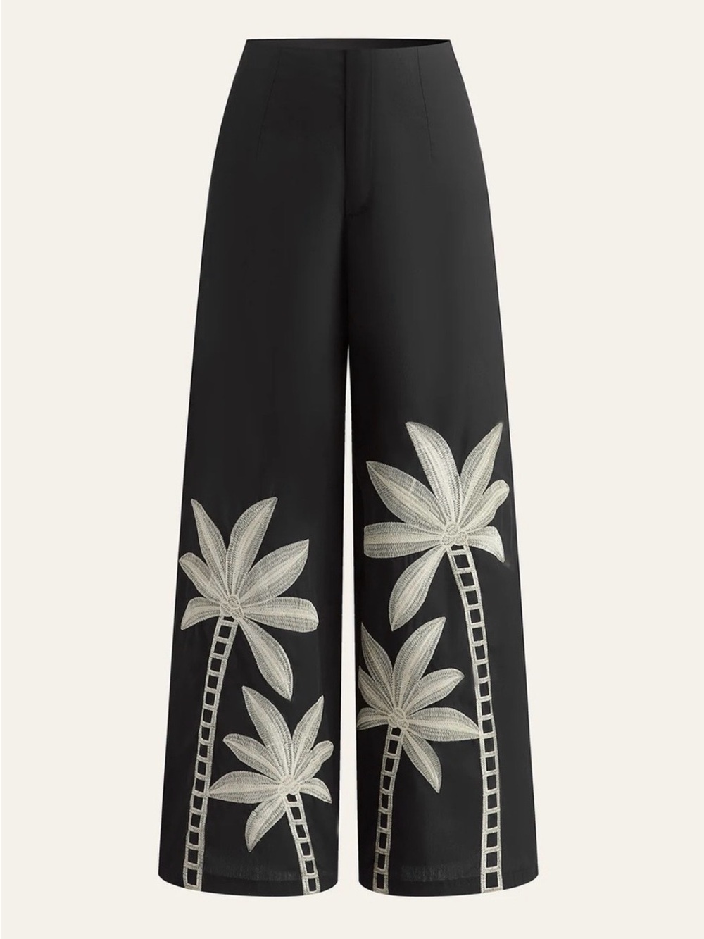 NWT Commense Black Wide-Leg Palm Leaf Embroidered Pants S